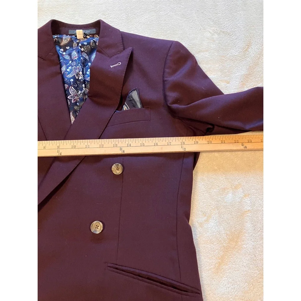 Indochino Double Breasted Blazer Mens 38 Burgundy Paisley Lining Peak Lapel
